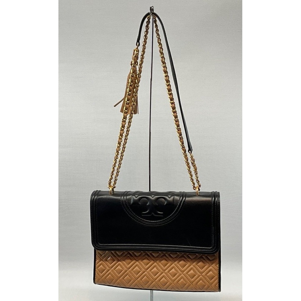 Tory Burch Fleming Quilted Colorblock Convertible Leather Shoulder Bag Black Tan